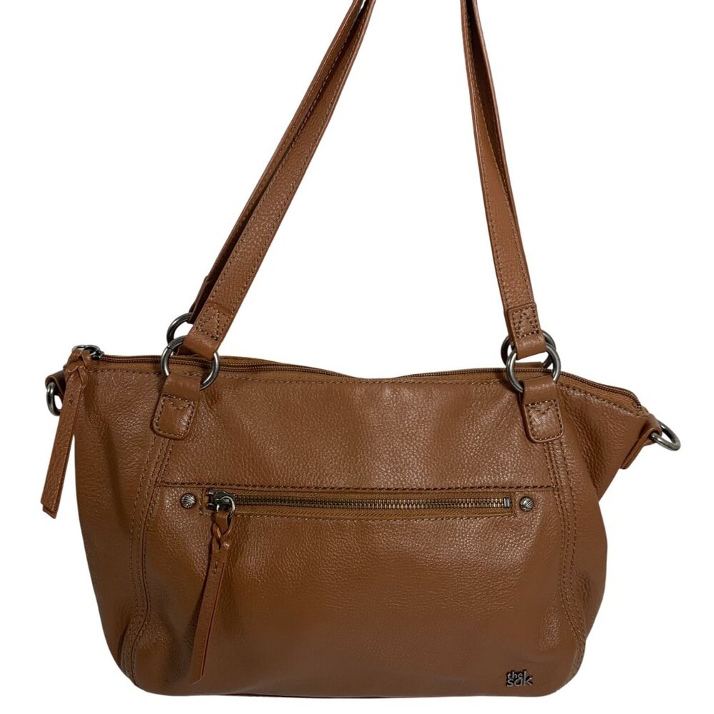 The SAK Cognac Brown Leather Hobo Shoulder Handbag Tote Top Zip NO STRAP